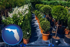 florida map icon and shrubs and trees at a nursery
