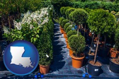 louisiana map icon and shrubs and trees at a nursery