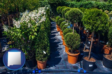 shrubs and trees at a nursery - with New Mexico icon