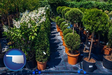shrubs and trees at a nursery - with Oklahoma icon