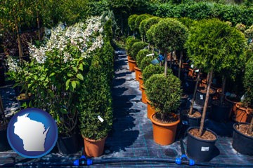 shrubs and trees at a nursery - with Wisconsin icon