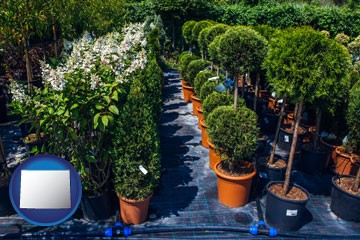 shrubs and trees at a nursery - with Wyoming icon